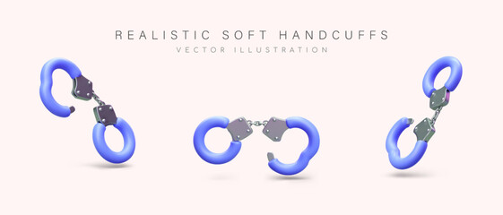 Blue safety handcuffs for spicy games. Accessory for dominating lover. Toy for fans of BDSM. Binding in bed. Set of objects. Device for restricting movement without key