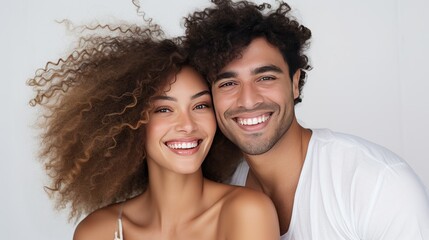 Young couple, beauty man and woman with white smile, on white background. Copy space