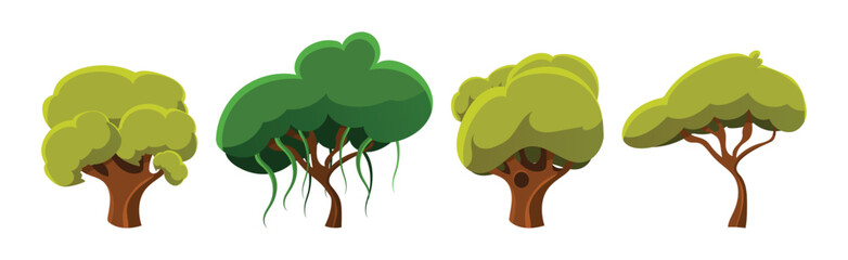 Sticker - Deciduous Trees with Trunk and Lush Green Crown Vector Set.