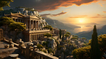"Guardians Of The Gods: Majestic Pillars Of Mount Olympus, Rearing Their Heads Towards The Celestial Heights, Amidst The Legendary Summit Of The Greek Pantheon's Abode"
