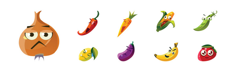 Wall Mural - Funny Fruit and Vegetable Characters with Faces Vector Set