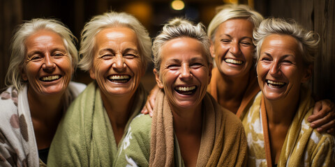 Invigorating scene of joyful mature women, bonding in rustic sauna with face masks - symbol of wellness, lighthearted ageless beauty and rejuvenation.