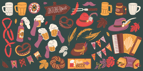 Great set for celebrating Oktoberfest. Festival of beer and attractions in Munich. Traditional attributes and decorations. German drinking culture. Vector illustration isolated on a dark background.