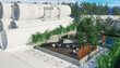 Teilentwurf der Gäste-Terrasse mit Swimming-Pool eines Restaurants mit Außengastronomie  ( im Hintergrund Panorama-Ausblick auf eine Seelandschaft) - 3D Visualisierung