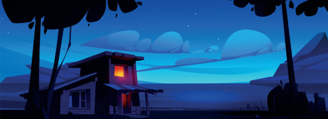 Wooden cabin on shore of lake or river with background of mountain hills at night. Cartoon evening landscape - wood house with light from windows, trees and sky with clouds. Peaceful skyline.