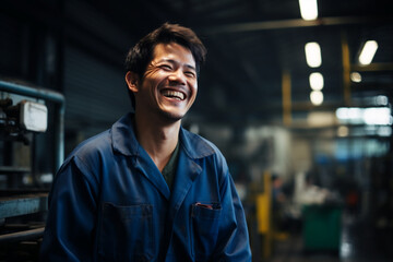 candid portrait of factory worker laughing