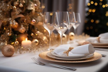 Wall Mural - Christmas table decoration closeup, Xmas ball and festive holiday place setting