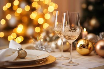 Wall Mural - Christmas table decoration closeup, Xmas ball and festive holiday place setting