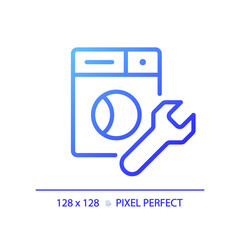 Sticker - 2D pixel perfect gradient washing machine repair icon, isolated vector, blue thin line illustration representing plumbing.