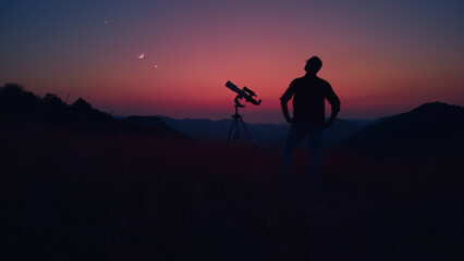 Wall Mural - astronomer looking at the stars, planets, moon and celestial objects with a telescope.
