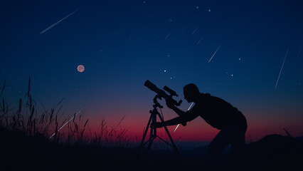 Wall Mural - astronomer looking at the stars, planets, moon and celestial objects with a telescope.