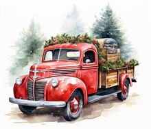 A Vintage Red Truck With Christmas Trees, In A Snow, Landscape. Generative Ai