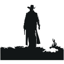 Classic Retro Western Or Wild West Character, Cowboys Sheriff Or Outlaw Man Black Silhouette Holding A Gun. Isolated Vector Clipart, Illustration 