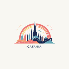 Italy Catania Cityscape Skyline City Panorama Vector Flat Modern Logo Icon. Sicily Region Town Emblem With Landmarks And Building Silhouettes, Isolated Clipart