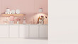 Pink kitchen room with built in sink and stove and minimalist interior design. Dinner table on pastel background. 3d rendering
