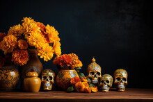 Day Of The Dead Altar Adorned With Marigolds Background With Empty Space For Text 