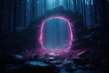 Abstract Portal Stone Gate With Neon Circle Glowing Light In The Dark Wood Forest Space Landscape Of Cosmic, Rocky Mountain Stone Field, Spectrum Light Effect.