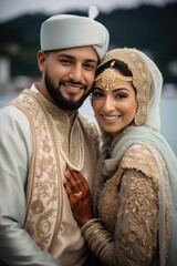 Poster - Muslim Bride and Groom in Pastel Blue Attire Generative Ai