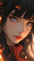 Wall Mural - a girl with black hair and fire, japanese manga style, close-up pretty face, in the style of dark fantasy, cartoon realism, strong facial expression. generative AI