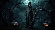 Grim Reaper Holding Scythe And Jack O’ Lanterns Halloween Pumpkins Standing On Grave Marker On Dark Foggy Forest Path Way Over Night Sky And Moon