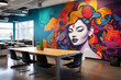 A vibrant artist's mural serves as a focal point in an open space office, inspiring creativity and sparking conversations