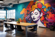 A Vibrant Artist's Mural Serves As A Focal Point In An Open Space Office, Inspiring Creativity And Sparking Conversations
