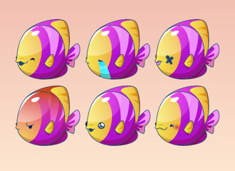 Wall Mural - Set of fish emoji characters isolated on background. Vector cartoon illustration of funny clownfish, striped yellow and purple sea animal smiling, crying, angry, happy, sad, colorful mascot design