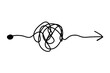 Chaos mind simplifying, problem solving and business solution searching challenge concept. Complex and easy simple path way from start to end. Hand drawn vector doodle scribble chaos path line.