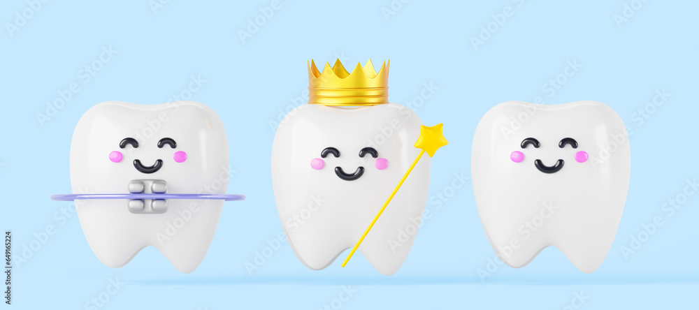 Dental braces, tooth fairy and teeth cartoon kawaii characters 3d ...