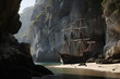  A hidden pirate cove surrounded by towering rocky cliffs offers a secluded sanctuary for pirate ships and hidden treasure