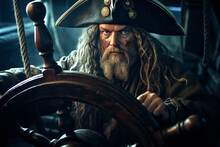 The Pirate Captain Grips The Ship's Wheel Tightly, Steering The Vessel Through Treacherous Waters Toward A Mysterious Destination