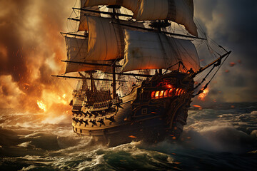 Wall Mural -  A pirate ship fires its cannons in a high-stakes battle at sea, clouds of smoke billowing as cannonballs splash into the water