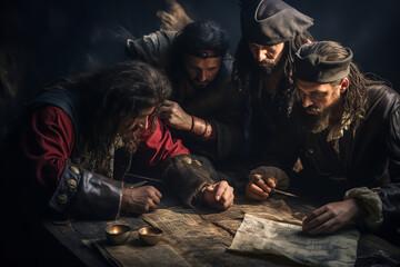 A group of pirates gather around a worn-out treasure map, pointing and debating the best route to the hidden treasure