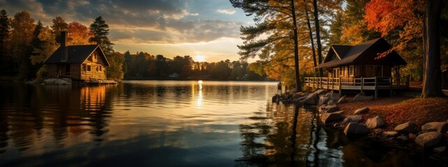 Cozy cabins, cottages near autumn forest and lake. Cozy Autumn Retreats, relaxation and mindfulness fall holidays. Nature Retreats. Picturesque cabins, cottages in autumn forest in autumn landscapes.