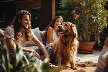 Wall Mural - family with golden retriver in garden