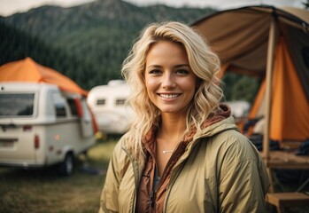 Wall Mural - Bussines blonde women camping smiling wearing camping outfit with camping place in the Background