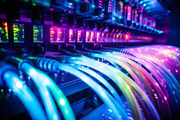 Wall Mural - a close-up view of fiber optic cables connected to servers in a well-organized data center, emphasiz