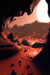 Wall Mural - Awe-inspiring landscape of red planet, fantastical terrain complete with jagged mountains and craggy rocks