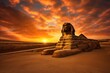 A large sphinx statue sitting in the middle of a desert. Perfect for travel brochures or historical articles.
