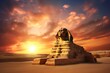 A stunning image of a sphinx statue standing tall in the desert, bathed in the warm glow of the setting sun. Perfect for travel brochures, ancient history articles, or as a symbolic representation of 