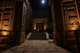 An image depicting the entrance to an ancient Egyptian temple at night. This photo can be used to illustrate the mystique and grandeur of ancient Egyptian architecture. It is suitable for historical a
