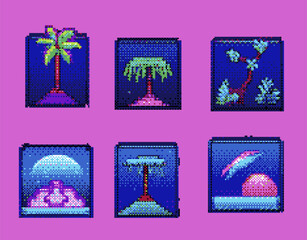 Poster - Set of vaporwave retro icons with palm trees and landscapes in pixel art style.