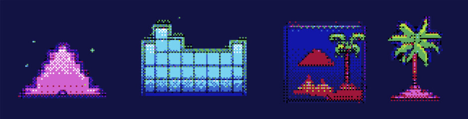Poster - Set of vaporwave retro icons with palm trees and landscapes in pixel art style.