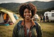 Bussines afro women camping smiling wearing camping outfit with camping place in the Background, crossed hand confident