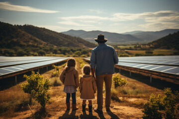 Father with two charming daughters walks on the territory of solar power plant