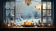 A picturesque Hanukkah scene featuring a snowy landscape with a brightly lit menorah in a window