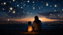 A Serene Hanukkah Moment With A Parent And Child Gazing At The Night Sky, Admiring The Stars