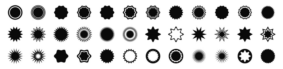 Wall Mural - Set of black round shapes, star shapes, stickers, sale badges, price tags, quality marks, retro geometric shapes, sunburst badges, vector frames.