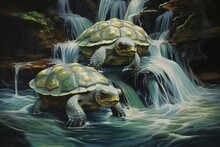 An Abstract, Surreal Portrait Of A Pair Of Turtles Emerging From Their Shells, Their Bodies Transforming Into Cascading Waterfalls.