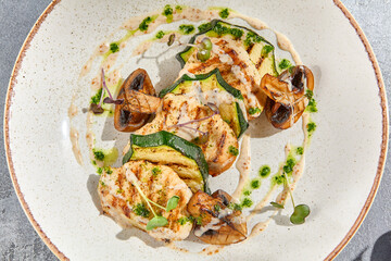 Canvas Print - Close-up top view of grilled turkey fillet steak with zucchini and mushrooms on a white ceramic plate. A healthy, minimalist fitness menu against a grey concrete background